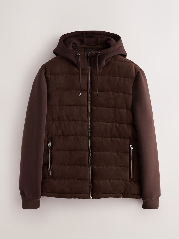 Brown Faux Suede Quilted Hybrid Hooded Jacket - Image 1 of 5 Brown Faux Suede Quilted Hybrid Hooded Jacket - Image 1 of 5