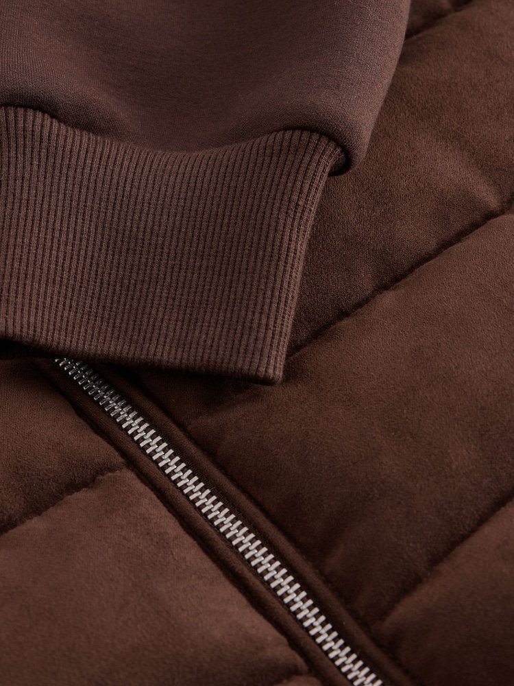Brown Faux Suede Quilted Hybrid Hooded Jacket - Image 12 of 12 Brown Faux Suede Quilted Hybrid Hooded Jacket - Image 12 of 12