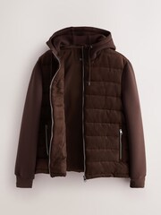 Brown Faux Suede Quilted Hybrid Hooded Jacket - Image 2 of 5
