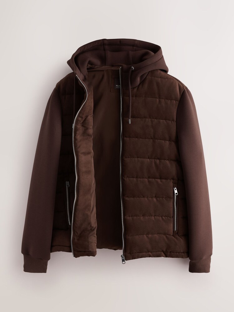 Brown Faux Suede Quilted Hybrid Hooded Jacket - Image 2 of 5 Brown Faux Suede Quilted Hybrid Hooded Jacket - Image 2 of 5
