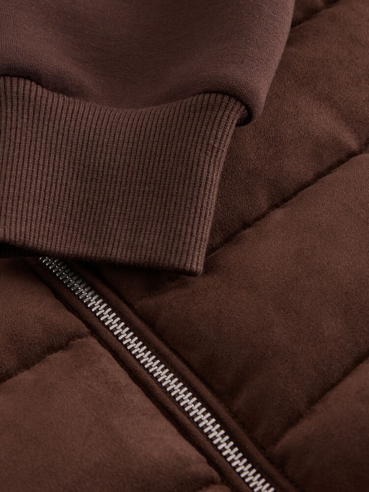 Brown Faux Suede Quilted Hybrid Hooded Jacket - Image 5 of 5 Brown Faux Suede Quilted Hybrid Hooded Jacket - Image 5 of 5