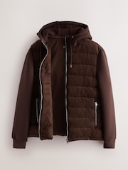 Brown Faux Suede Quilted Hybrid Hooded Jacket - Image 9 of 12