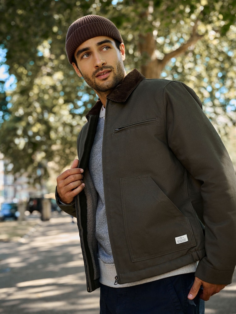 Green Shower Resistant Canvas Borg Lined Worker Jacket - Image 1 of 7