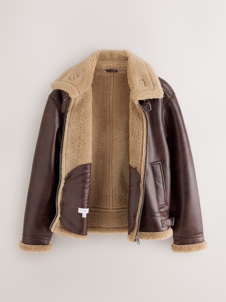 Brown Faux Leather Flight Jacket - Image 2 of 5