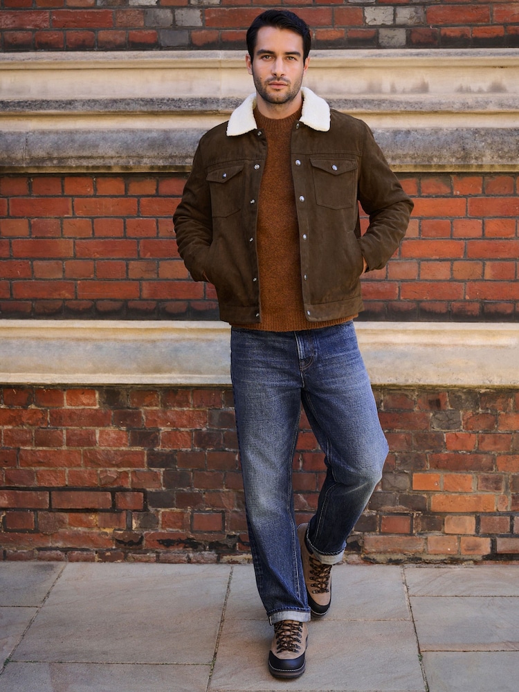 Brown Faux Suede Borg Lined Trucker Jacket - Image 1 of 19 Brown Faux Suede Borg Lined Trucker Jacket - Image 1 of 19