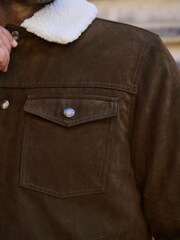 Brown Faux Suede Borg Lined Trucker Jacket - Image 12 of 19