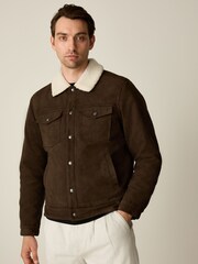 Brown Faux Suede Borg Lined Trucker Jacket - Image 2 of 19
