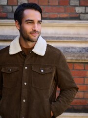 Brown Faux Suede Borg Lined Trucker Jacket - Image 8 of 19