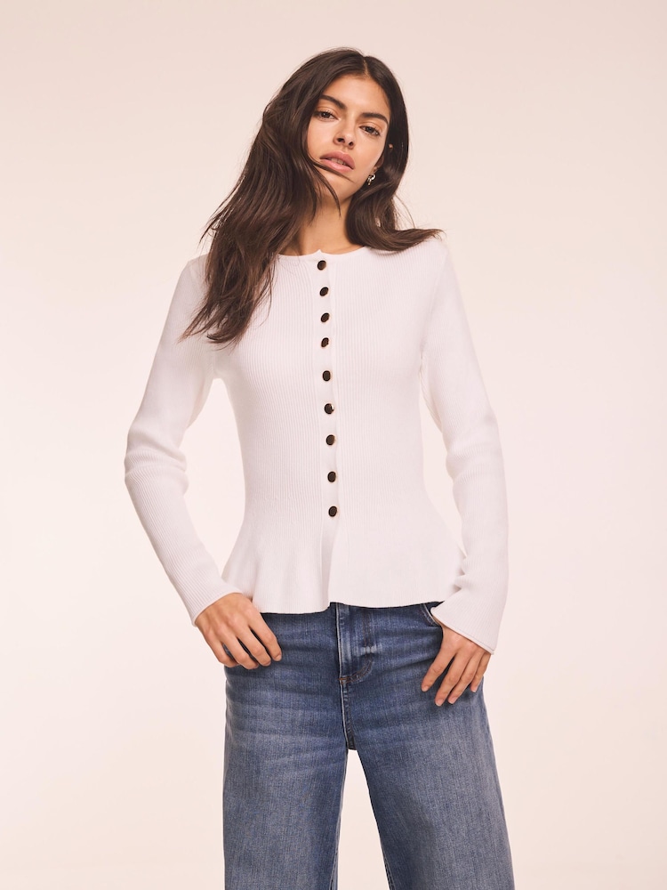 Mint Velvet White Peplum Knit Cardigan - Image 1 of 8