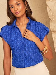 Love & Roses Cobalt Blue 3D Heart Short Sleeve Button Through Shirt - Image 1 of 4