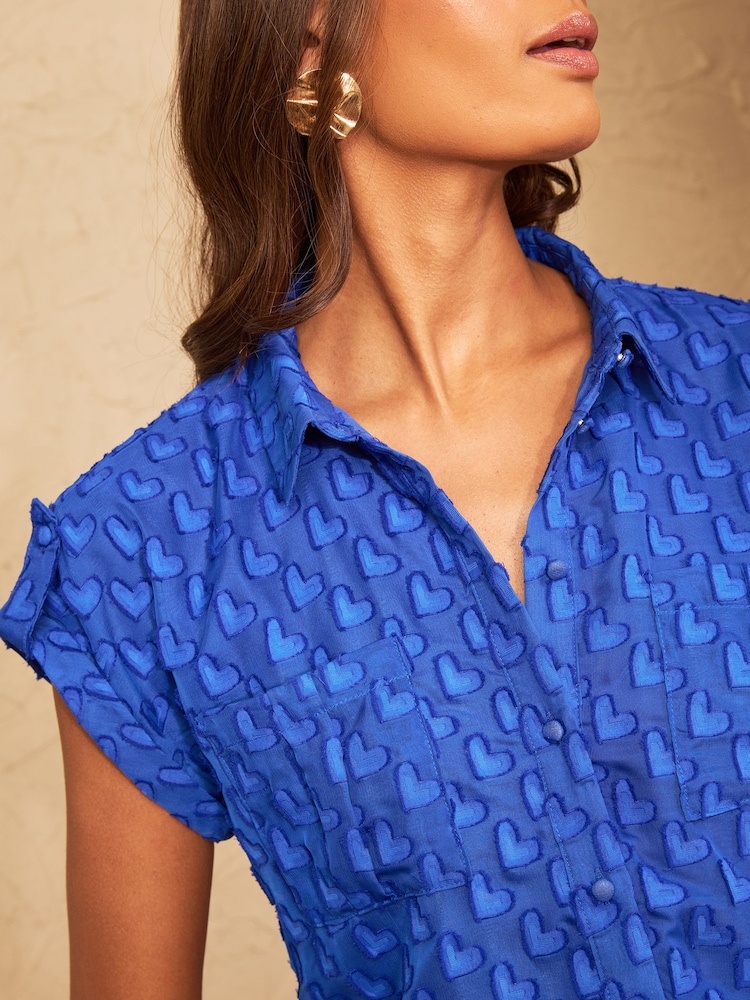 Love & Roses Cobalt Blue 3D Heart Short Sleeve Button Through Shirt - Image 2 of 4