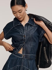 Anthropologie Maeve Denim Short Sleeve Crop Button-Front Blue Top - Image 1 of 4