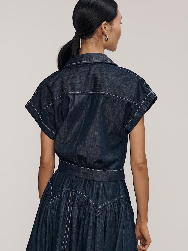 Anthropologie Maeve Denim Short Sleeve Crop Button-Front Blue Top - Image 2 of 4