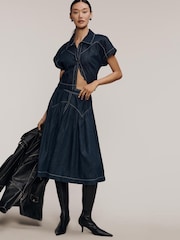 Anthropologie Maeve Denim Short Sleeve Crop Button-Front Blue Top - Image 3 of 4