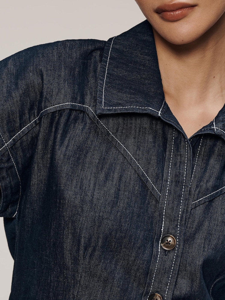 Anthropologie Maeve Denim Short Sleeve Crop Button-Front Blue Top - Image 4 of 4