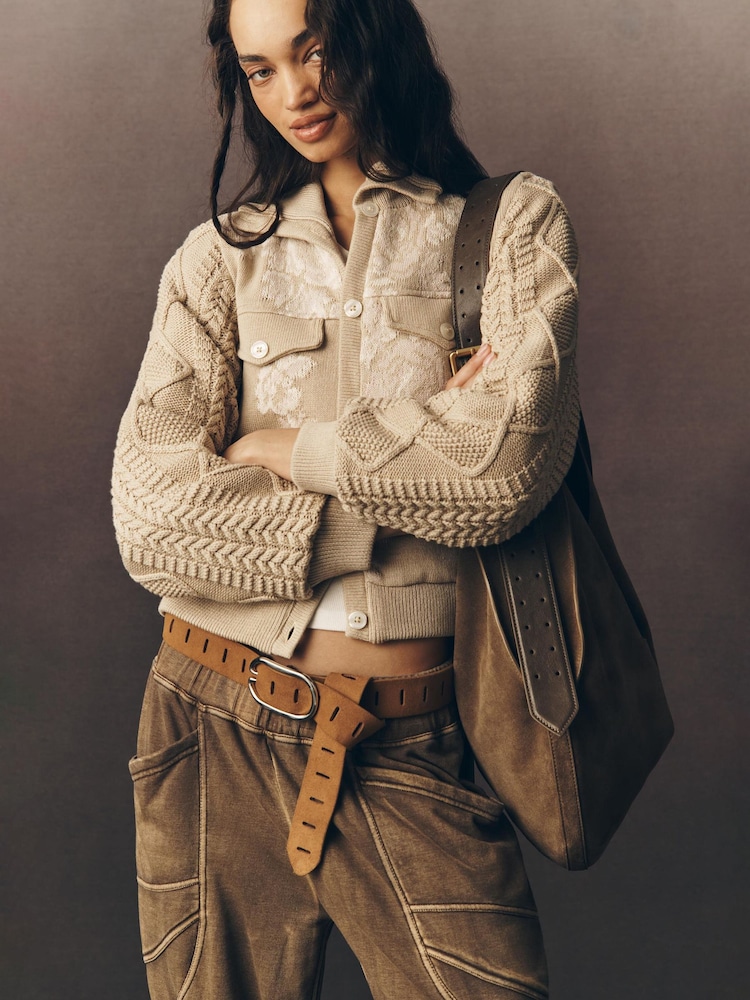 Anthropologie Knit Trim Cream Jacket - Imaginea 1 din 5