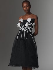 Anthropologie Maeve 3D Floral Strapless Black Midi Dress - Image 1 of 4