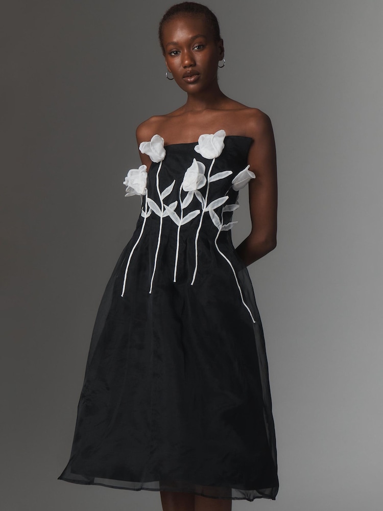 Anthropologie Maeve 3D Floral Strapless Black Midi Dress - Image 1 of 4 Anthropologie Maeve 3D Floral Strapless Black Midi Dress - Image 1 of 4