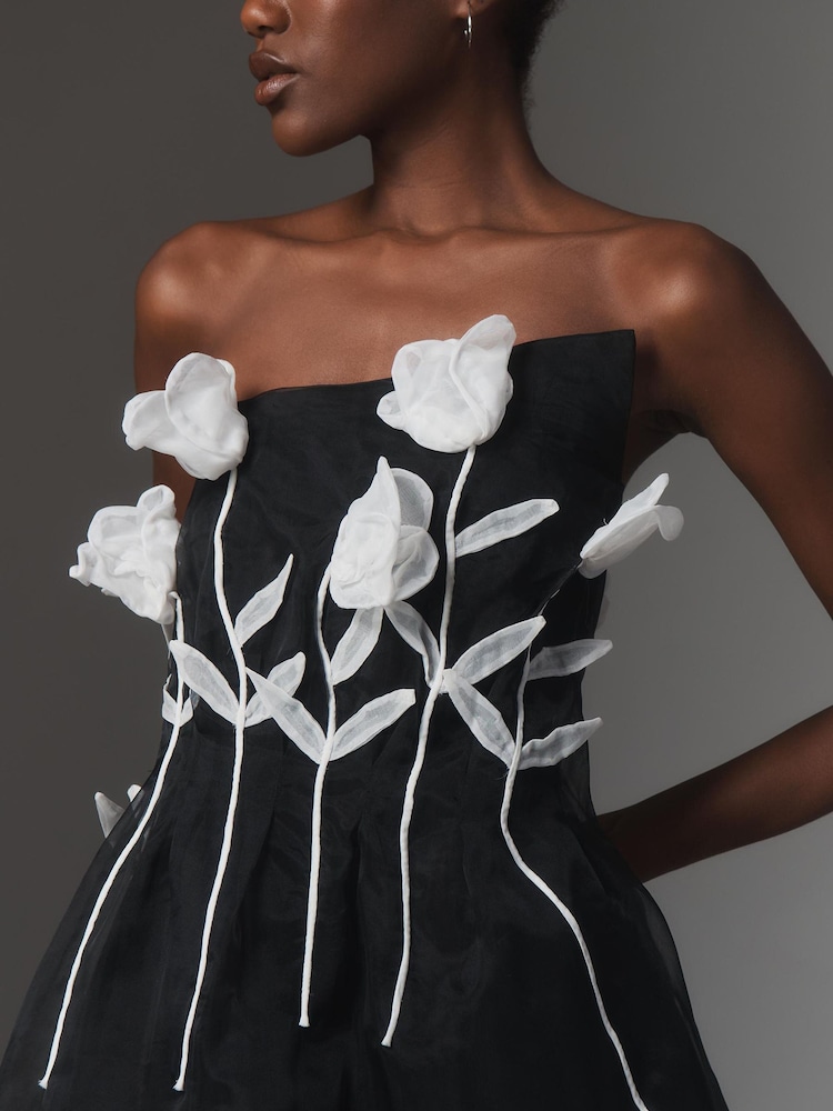 Anthropologie Maeve 3D Floral Strapless Black Midi Dress - Image 2 of 4 Anthropologie Maeve 3D Floral Strapless Black Midi Dress - Image 2 of 4