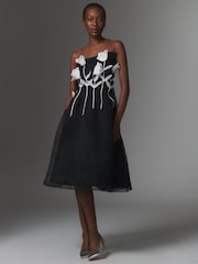 Anthropologie Maeve 3D Floral Strapless Black Midi Dress - Image 3 of 4