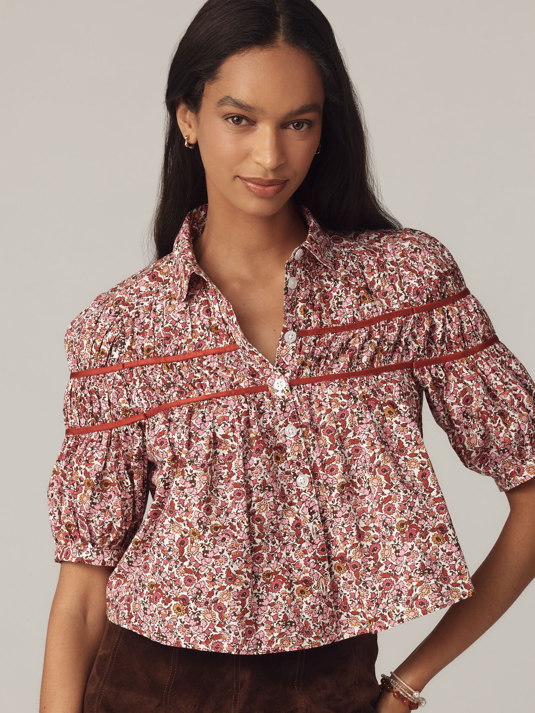Buy Anthropologie Pink/ Floral / Floral The Leandra Shirred Yoke