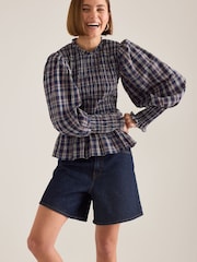 Anthropologie Langærmet Ternet Smockblå Bluse - Billede 1 af 4