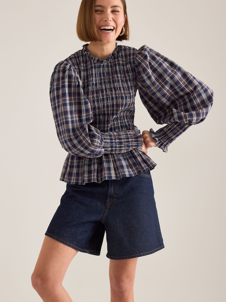 Anthropologie Langærmet Ternet Smockblå Bluse - Billede 1 af 4