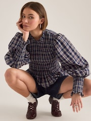 Anthropologie Langærmet Ternet Smockblå Bluse - Billede 3 af 4