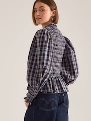 Anthropologie Langærmet Ternet Smockblå Bluse - Billede 4 af 4