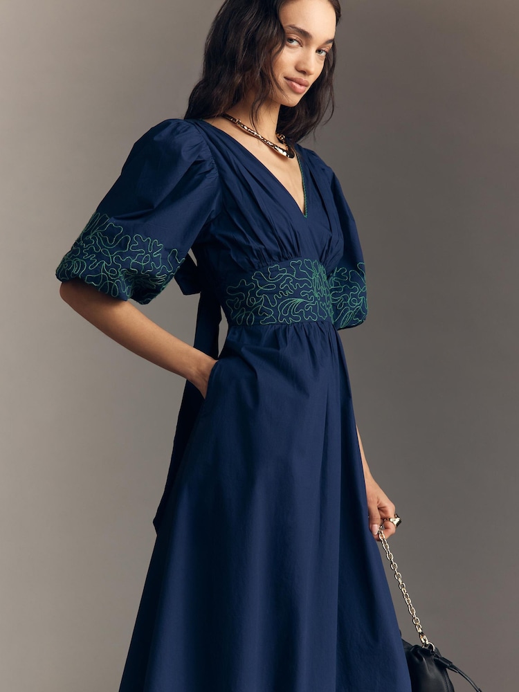 Anthropologie Puff-Sleeve Embroidered Blue Midi Dress - Image 1 of 4