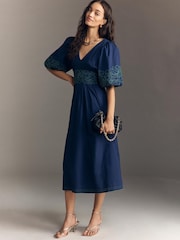 Anthropologie Puff-Sleeve Embroidered Blue Midi Dress - Image 2 of 4