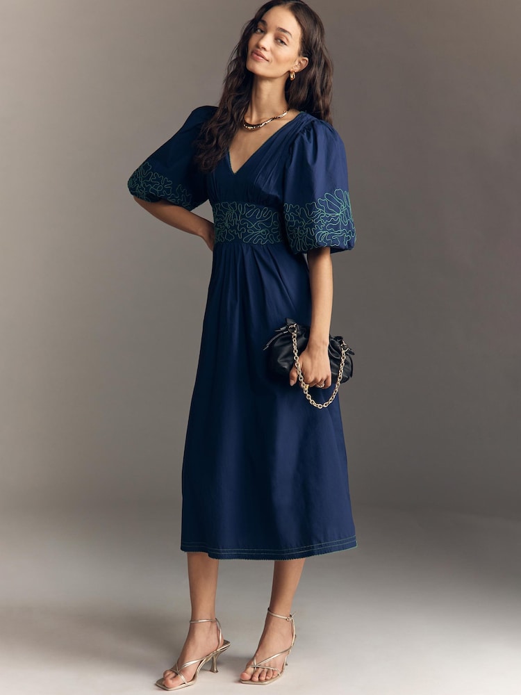 Anthropologie Puff-Sleeve Embroidered Blue Midi Dress - Image 2 of 4