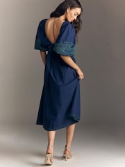 Anthropologie Puff-Sleeve Embroidered Blue Midi Dress - Image 3 of 4