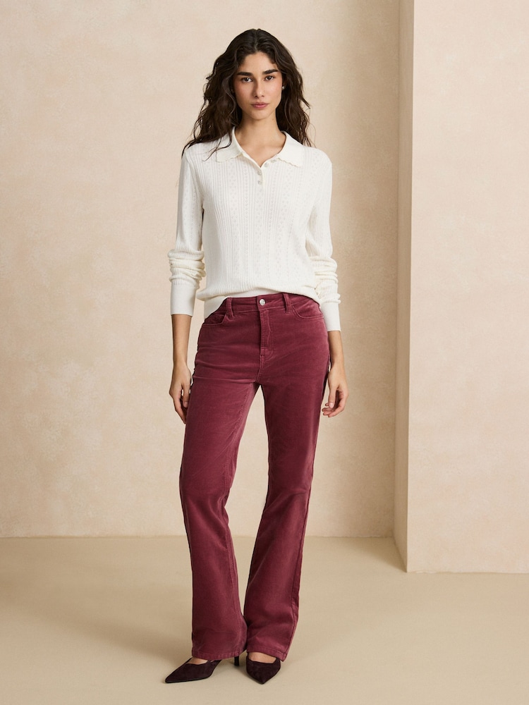 Ecru Soft Touch Pointelle Gem Button Knit Polo Long Sleeve Top - Image 2 of 8