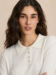 Ecru Soft Touch Pointelle Gem Button Knit Polo Long Sleeve Top - Image 4 of 8