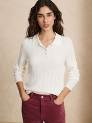 Ecru Soft Touch Pointelle Gem Button Knit Polo Long Sleeve Top - Image 5 of 8