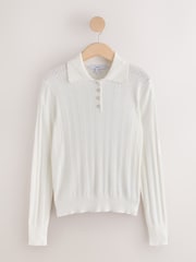 Ecru Soft Touch Pointelle Gem Button Knit Polo Long Sleeve Top - Image 6 of 8