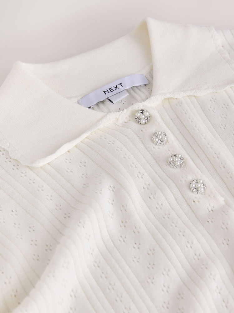 Ecru Soft Touch Pointelle Gem Button Knit Polo Long Sleeve Top - Image 8 of 8
