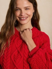 Red Cable Knit Long Sleeve Crew Neck Jumper - Image 4 of 7