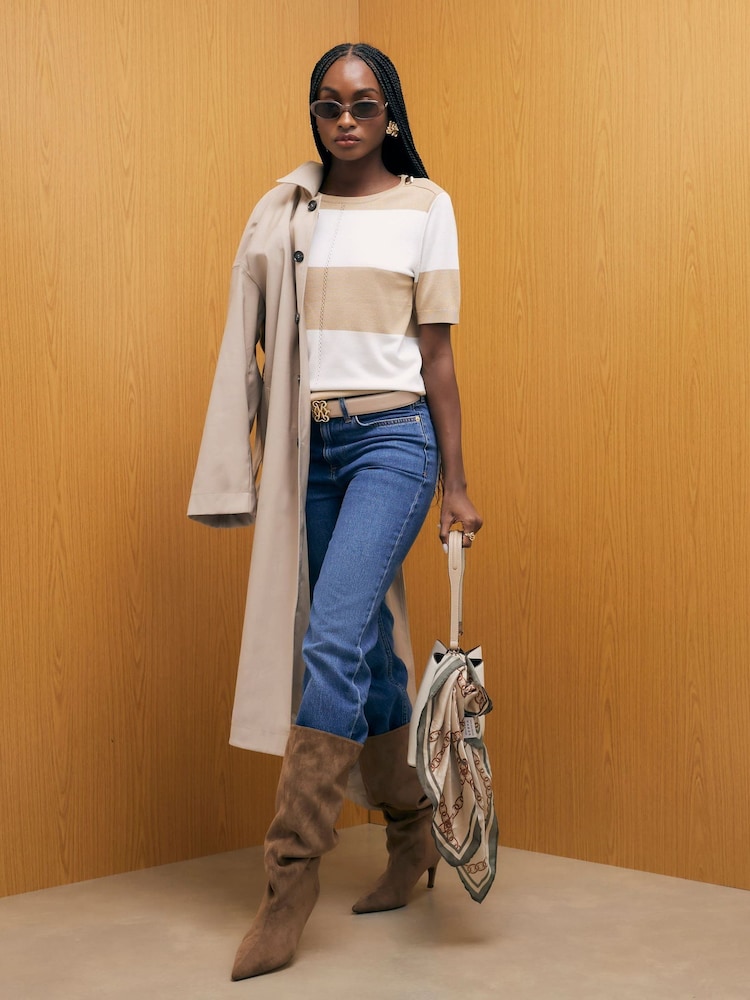 River Island Brown Short Sleeve Knitted Stripe Short Sleeve Top - Image 1 of 4