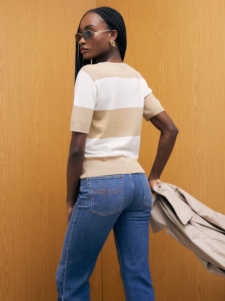 River Island Brown Short Sleeve Knitted Stripe Short Sleeve Top - Image 2 of 4