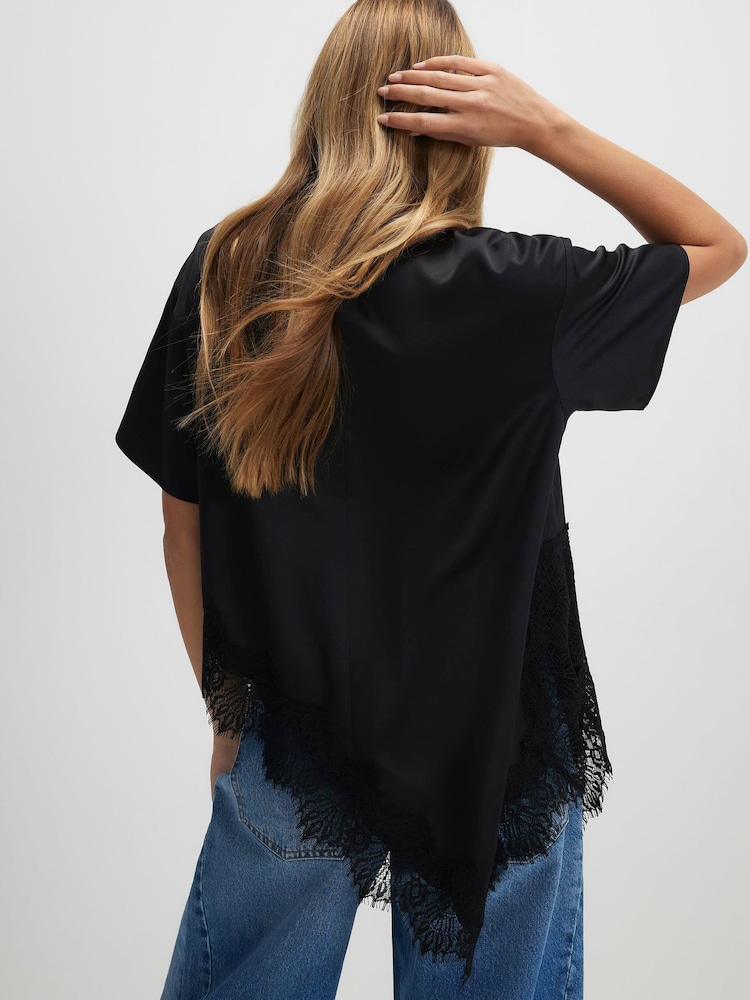 River Island Black Short Sleeve Asymmetric Satin Lace Hem T-Shirt - Image 2 of 4