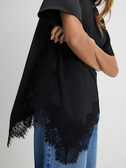 River Island Black Short Sleeve Asymmetric Satin Lace Hem T-Shirt - Image 3 of 4