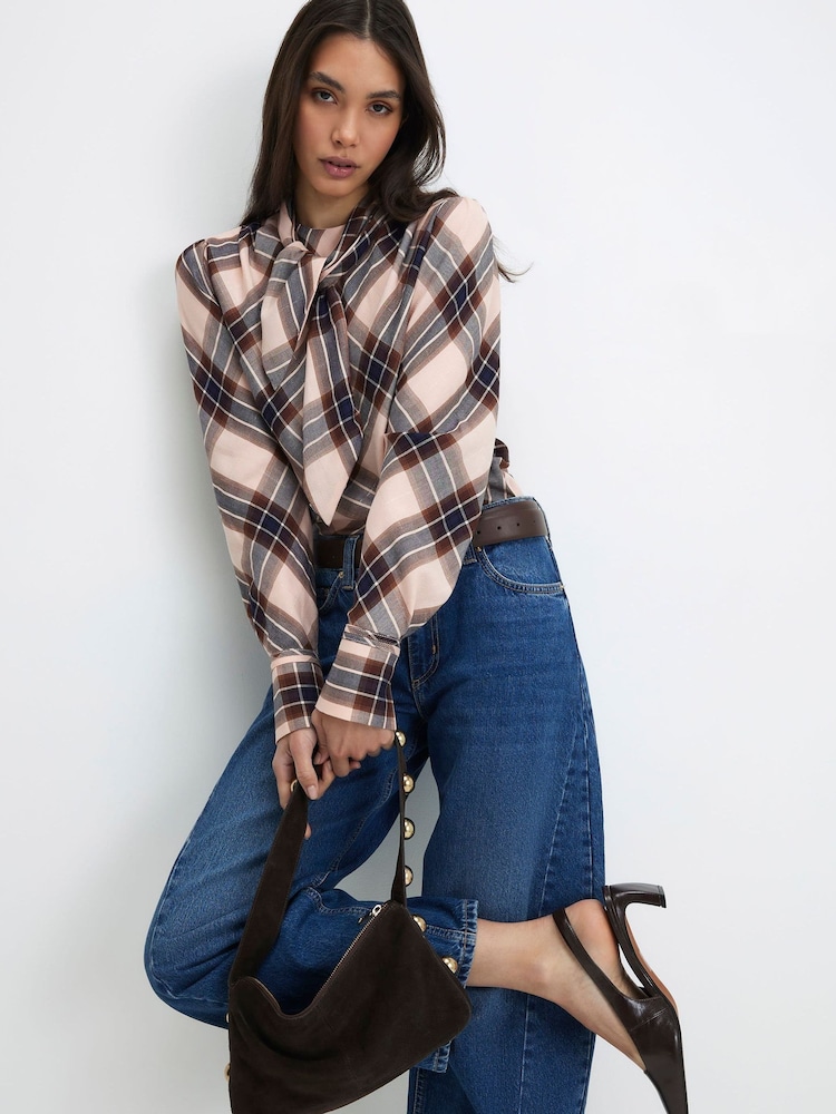 River Island Cream Long Sleeve Check Tie Neck Blouse - Image 1 of 4