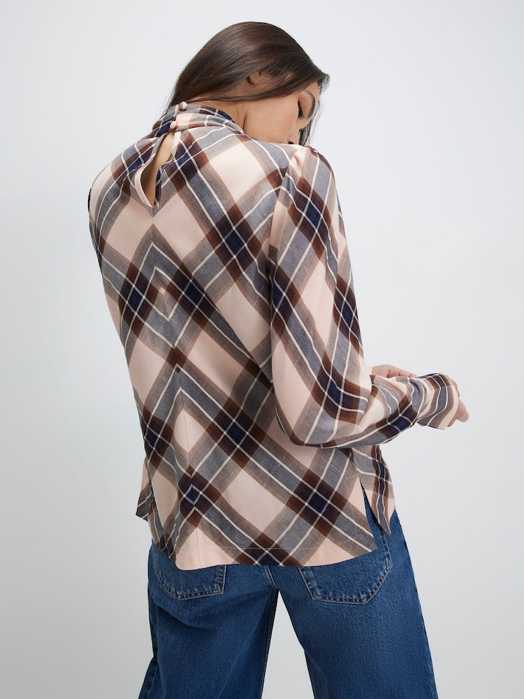 River Island Cream Long Sleeve Check Tie Neck Blouse - Image 2 of 4