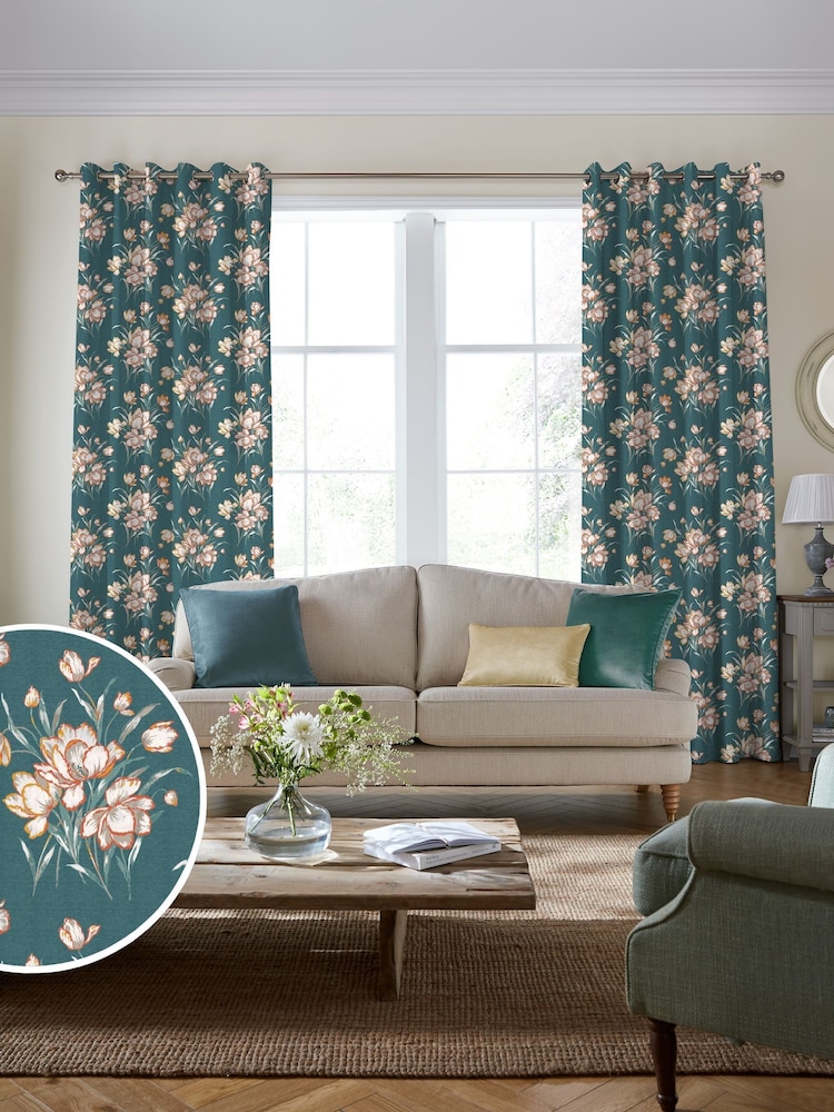 Laura Ashley Teal Sutcliffe Tulips Made to Measure Curtains - Image 1 of 9