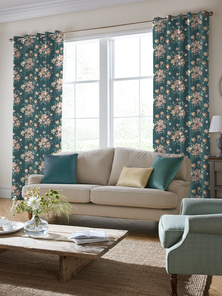 Laura Ashley Teal Sutcliffe Tulips Made to Measure Curtains - Image 2 of 9