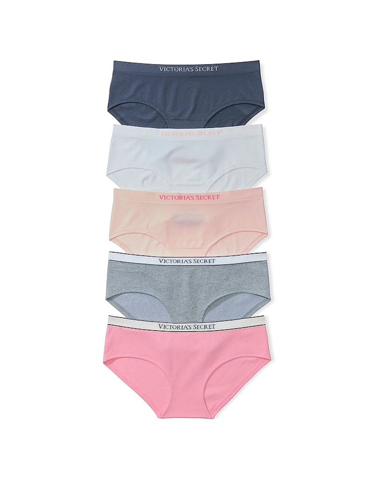 Victoria's Secret Blue/White/Pink/Grey Hipster 5 Pack Knickers - Image 1 of 3 Victoria's Secret Blue/White/Pink/Grey Hipster 5 Pack Knickers - Image 1 of 3