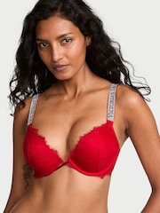 Victoria's Secret Lipstick Red Add 2 Cups Push Up Bombshell Lace Shine Strap Bra - Image 1 of 2