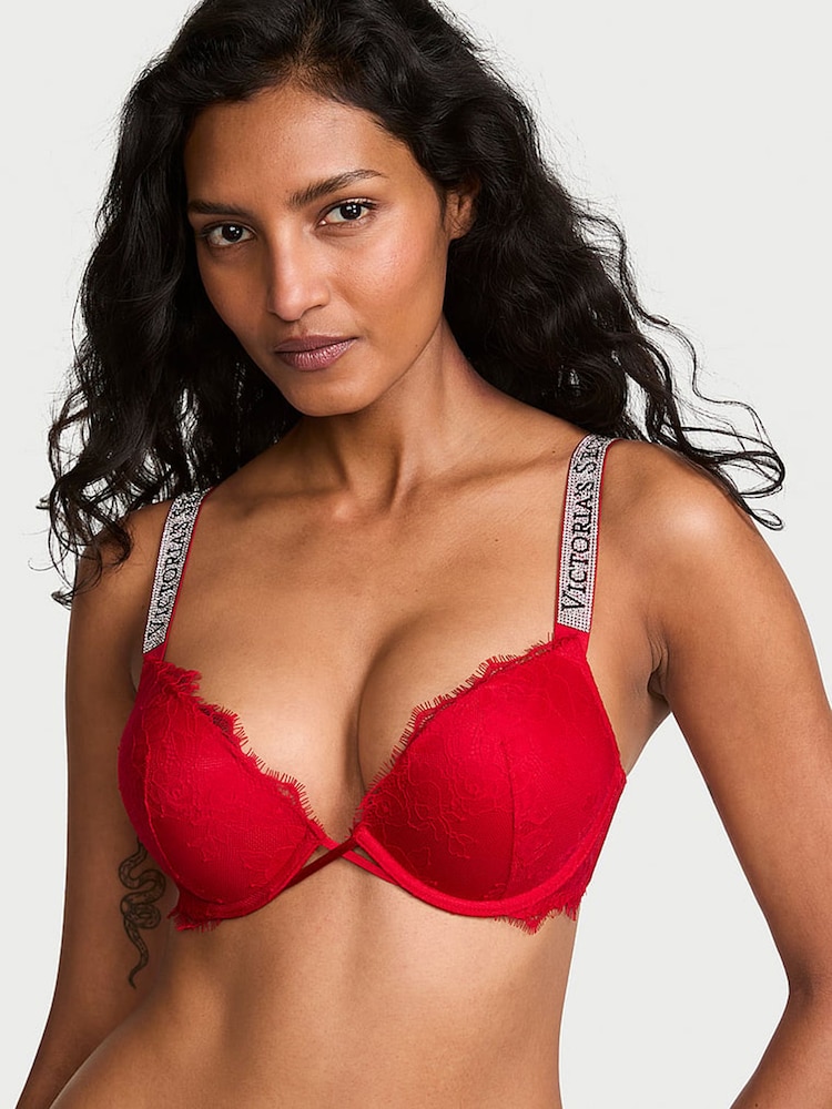 Victoria's Secret Lipstick Red Add 2 Cups Push Up Bombshell Lace Shine Strap Bra - Image 1 of 2 Victoria's Secret Lipstick Red Add 2 Cups Push Up Bombshell Lace Shine Strap Bra - Image 1 of 2